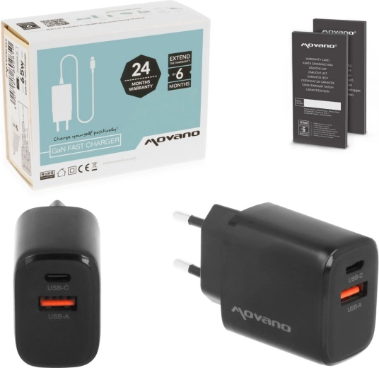 Omrežni polnilnik Movano GaN 30 W (USB‑C PD + USB‑A), črn