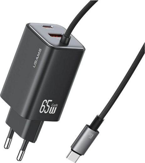 Omrežni polnilnik USAMS serije JC GaN 65 W z integriranim kablom USB‑C (2× USB‑C, 1× USB‑A), črn