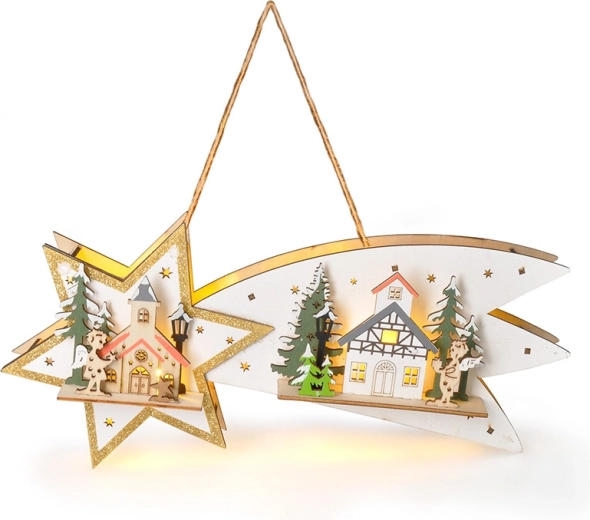 Solight LED wooden Christmas comet with timer, 10× LED, warm white, 31 cm - 1 piece