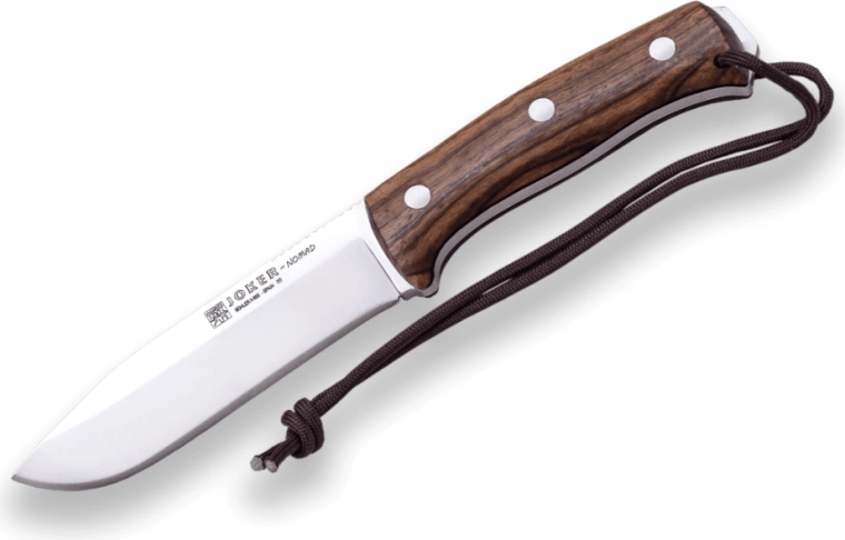 Joker Nomad bushcraft nož s fiksnim rezilom 12,7 cm, orehov les, usnjena nožnica in kresilo