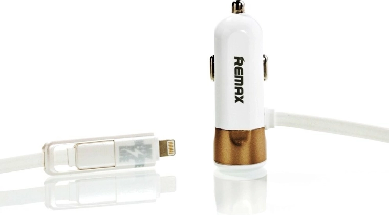 Remax avtomobilski adapter za vtičnico vžigalnika 3,4 A z zlatim kablom Lightning in micro‑USB