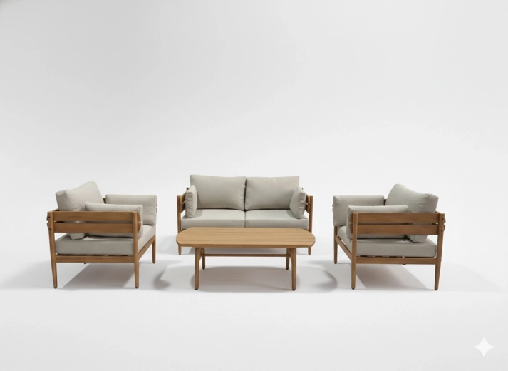 Aluminijasta vrtna sedežna garnitura Podgorica, 4 deli (kavč, 2 fotelja, klubska mizica) – rjava konstrukcija, bež blazine