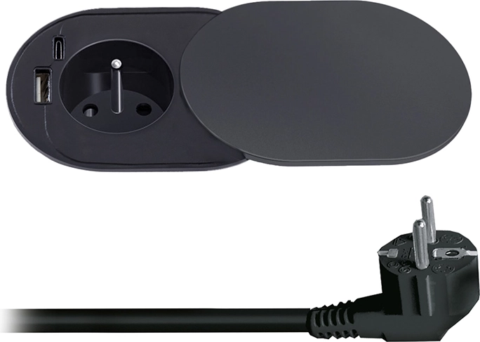 Solight vgradna vtičnica 230 V z USB-A in USB-C 20 W PD z drsnim pokrovom, 2 m, mat črna