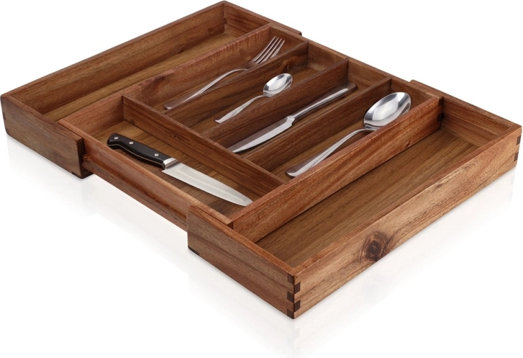 Expandable wooden cutlery tray for drawer made of acacia wood 28–45 × 34 cm