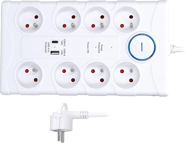 Solight prenapetostna zaščita z 8 vtičnicami in USB-A/USB-C, 2 m, bela