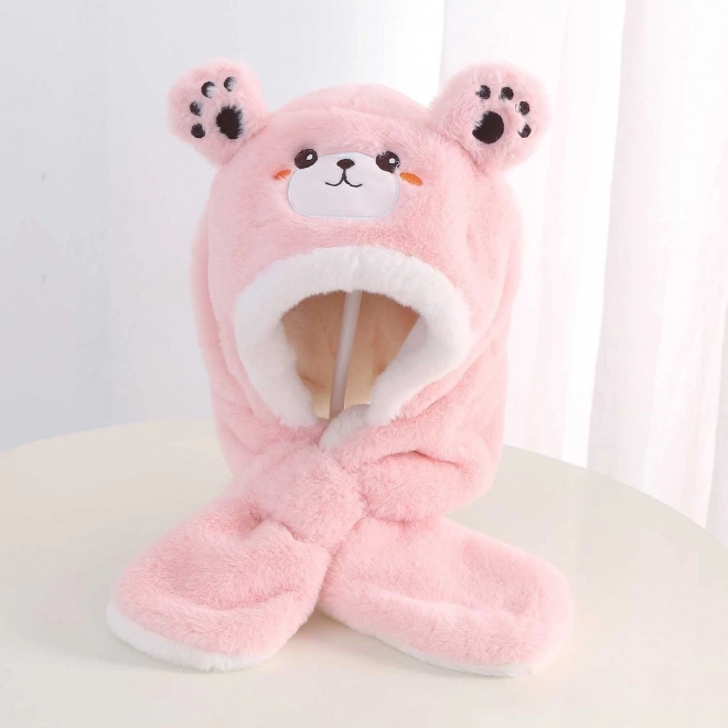 Otroška plišasta kapa s šalom – medved – Svetlo rožnata