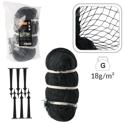 Zaščitna mreža proti pticam 5 × 10 m, 18 g/m² + 10 plastičnih klinov