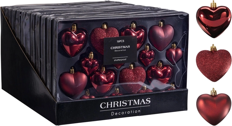 Wine Red Christmas Hanging Heart Ornaments 4.5 and 6.5 cm, Set of 16 Pieces