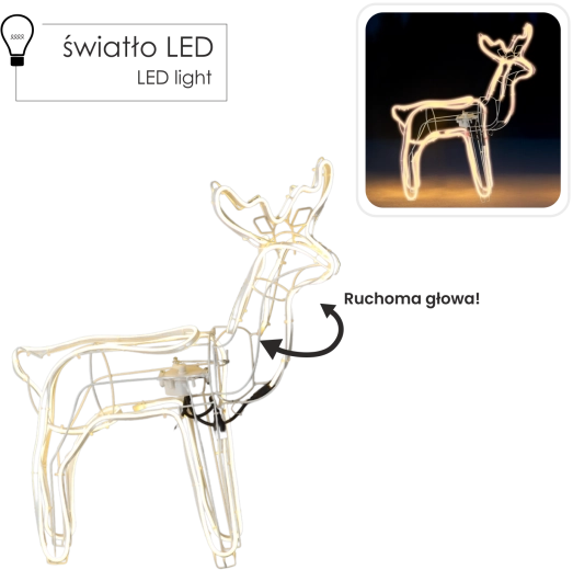 Božični LED jelen z gibljivo glavo 64 × 22 × 70 cm, toplo bela, za notranjo in zunanjo uporabo