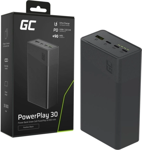 Power banka 30000 mAh, 22,5 W, 4 priključki, črna