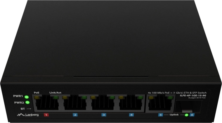 Lanberg lahek industrijski PoE stikalo za DIN letev 4× Fast Ethernet + 1× Gigabit uplink + 1× SFP (PoE++ 90 W)
