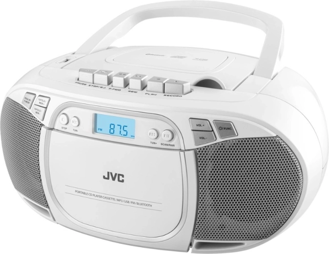 JVC portable boombox with CD, cassette, Bluetooth and USB, white