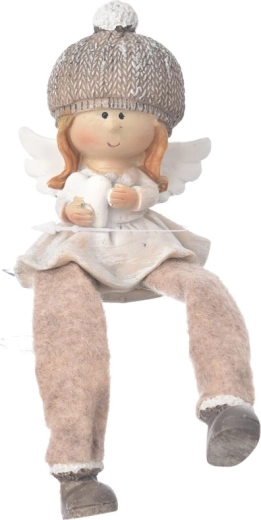Sedeči angel iz polystona s kapico, bež 10 cm