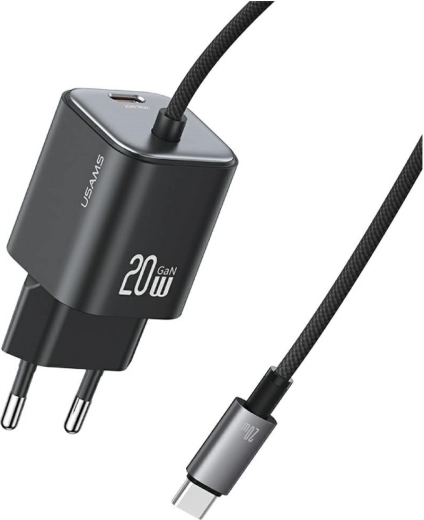 USAMS serija JC GaN mini omrežni polnilnik 20 W z vgrajenim USB‑C kablom (2× USB‑C), črn