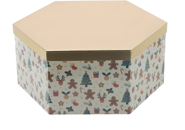 Christmas gift box in a hexagon shape with a gold lid