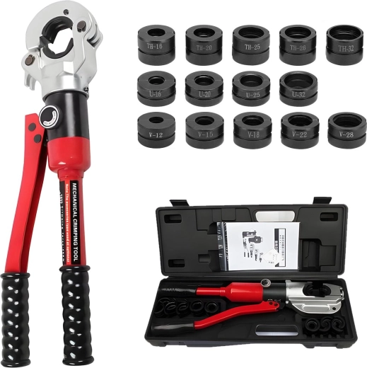 Renew Force hydraulic crimping pliers for PEX pipes 12 t with 360° rotating head (16–32 mm) with U/TH/V dies