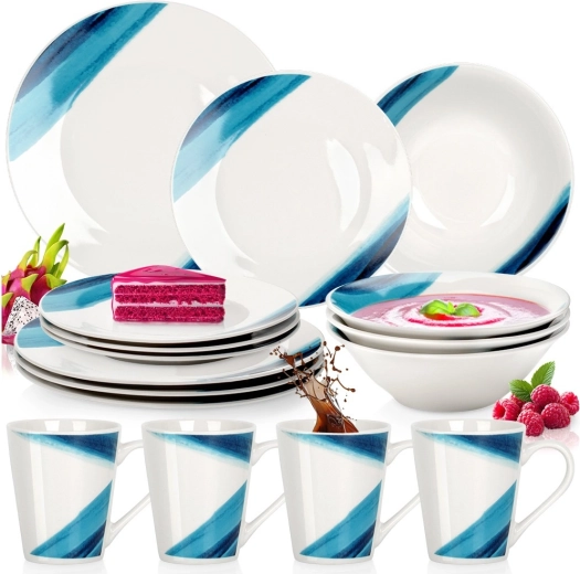 Porcelanasti jedilni servis 16 kosov, bel z modrim vzorcem