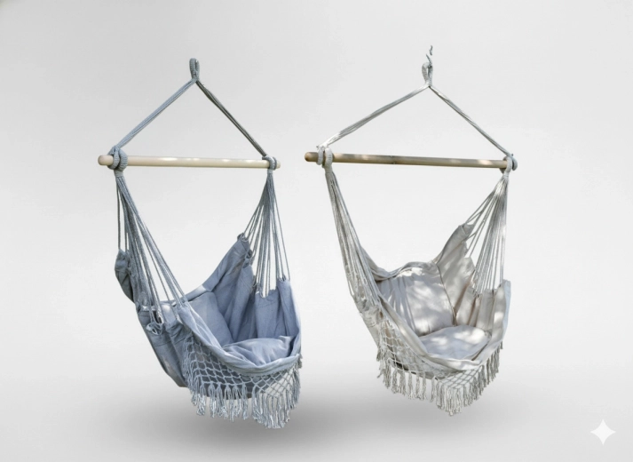 Viseči brazilski boho stol s blazinami, 130 × 100 cm, bežnosiv