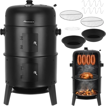 Vrtni ogljeni žar in prekajevalnica 3v1 s pokrovom in termometrom KAMINER