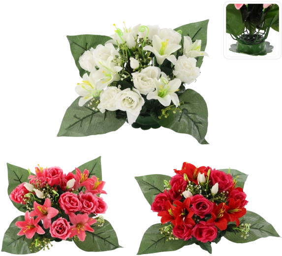 Umetna cvetlična aranžma vrtnice in lilije 25 × 27 × 27 cm, mešanica barv