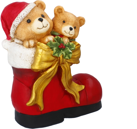 Christmas figurine of teddy bears in Santa's boot