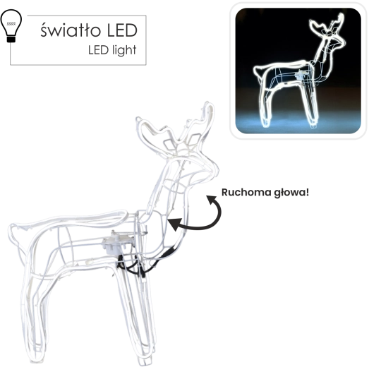 Božični LED neonski jelen s premično glavo, hladno bela, 70 cm