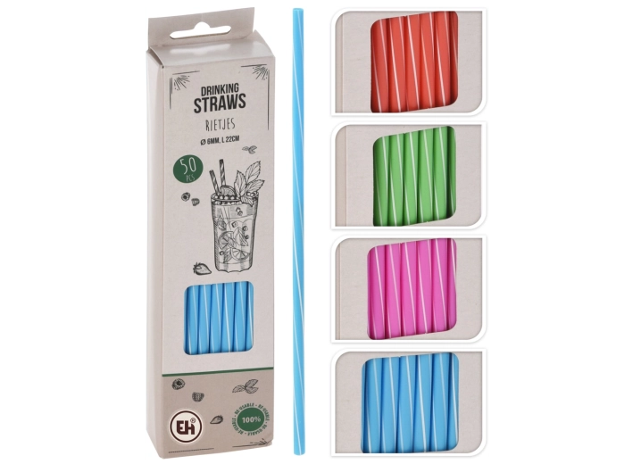 Set večkrat uporabnih slamnic 22 cm, premer 6 mm – barvni miks s črtami (50 kos)