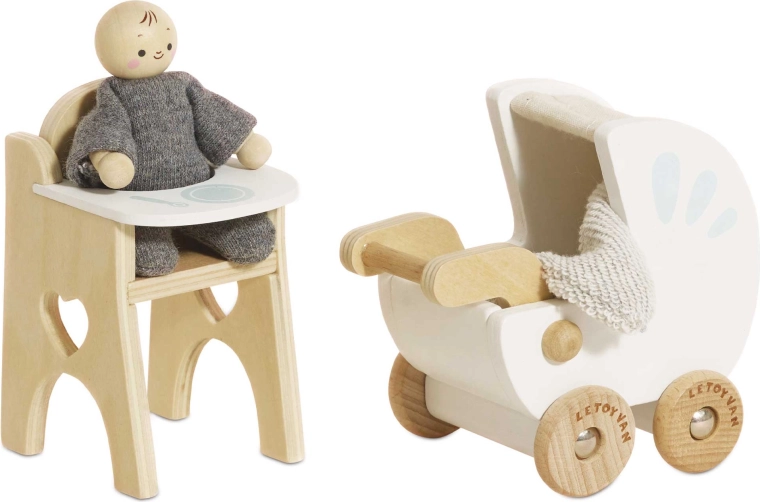 Le Toy Van wooden children’s nursery room set for a dollhouse with a baby doll
