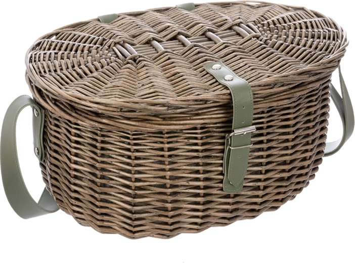 Wicker picnic basket with lid, polka-dot lining and shoulder strap