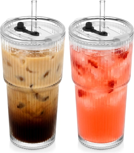 Stekleni tumbler kozarci s pokrovom in slamico 500 ml, set 2 kos