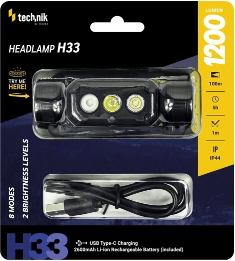 Naglavna svetilka Technik H33 z LED SST20 in USB‑C (1200 lm)