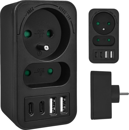 Razdelilec za vtičnico z 1 vtičnico schuko, 1 euro in 4× USB (2× USB‑A 18 W, 2× USB‑C PD 20 W)