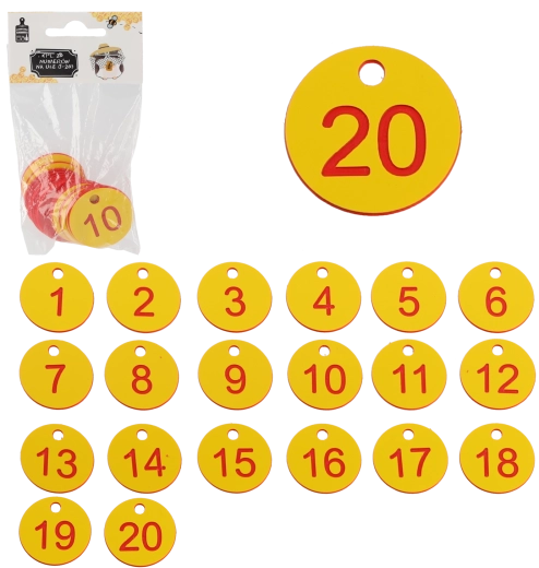 Set števil za panje 1–20, plastični žetoni z odprtino 3,5 cm