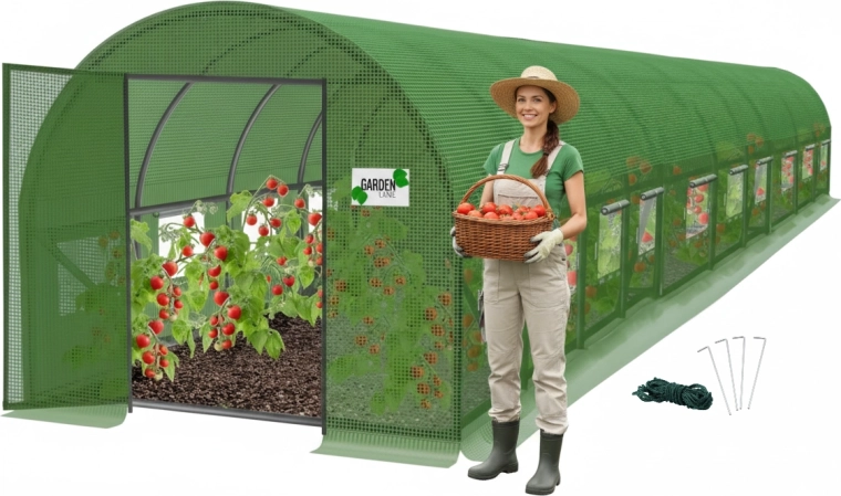 Vrtni rastlinjak iz folije, 10-segmentni, zeleni, 10 × 5 × 2 m s krilnimi vrati