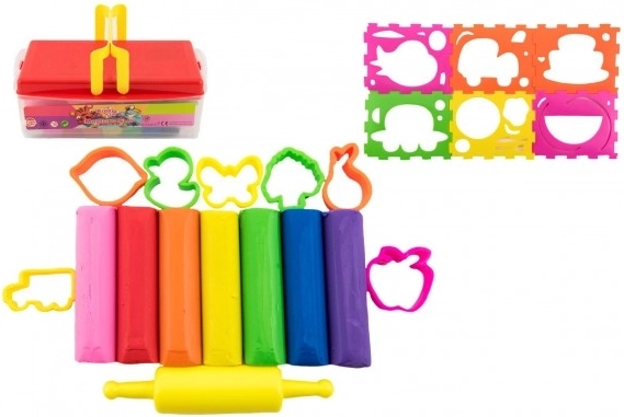 Set raznobarvnih plastelin s kalupi in valjarjem v plastični škatli