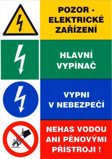 Varnostna nalepka – pozor električna naprava, glavno stikalo, izklopi v nevarnosti, ne gasi z vodo ali penilnimi aparati 148 × 210 mm