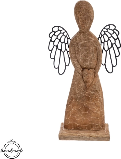 Leseni angel iz mangovega lesa s srcem, 30 cm