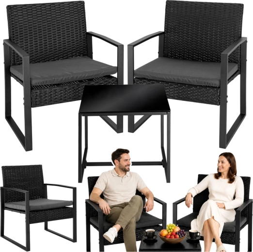 Vrtna ratan garnitura: 2 stola in mizica za balkon in teraso, črna