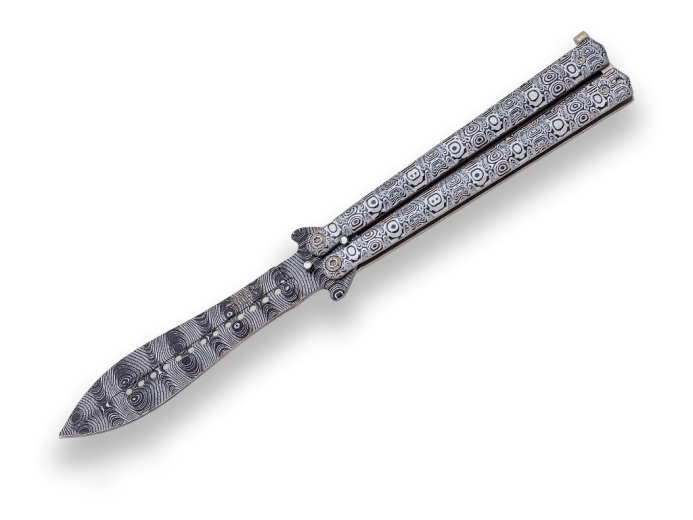 Joker Butterfly žepni nož metulj 11 cm z aluminijastim ročajem in damaščanskim vzorcem