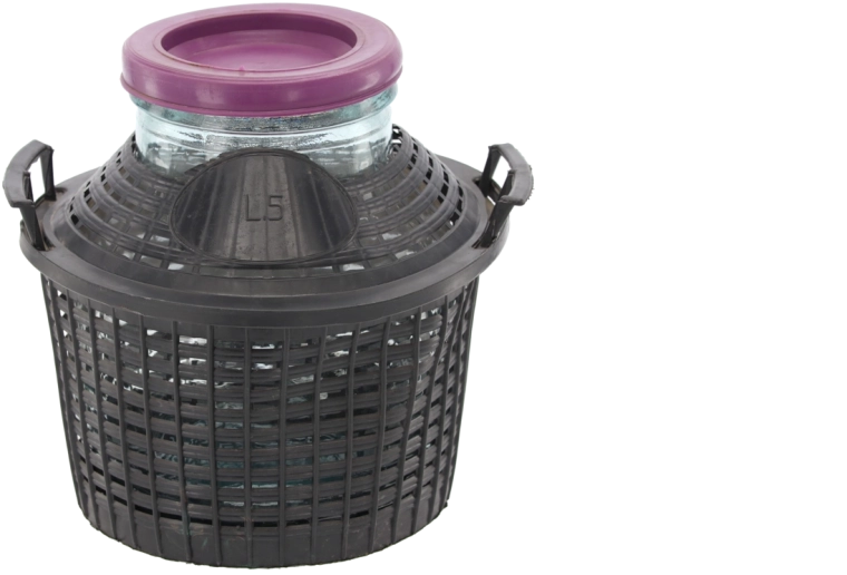 Stekleni damejean 5 l s širokim vratom in plastično košaro