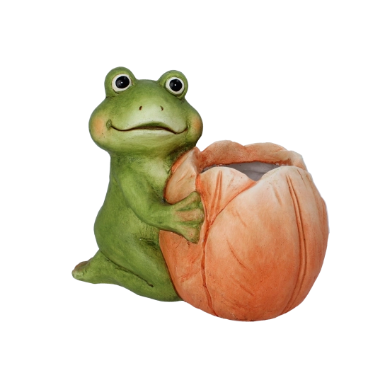 Vrtni lonček žaba s cvetom