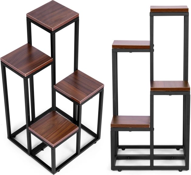 Stojalo za rastline s policami ModernHome 4 ravni, kov in MDF, temen oreh