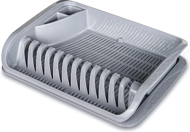 Plastično odcejevalno stojalo za posodo s pladnjem 39,5 × 29,5 cm, sivo