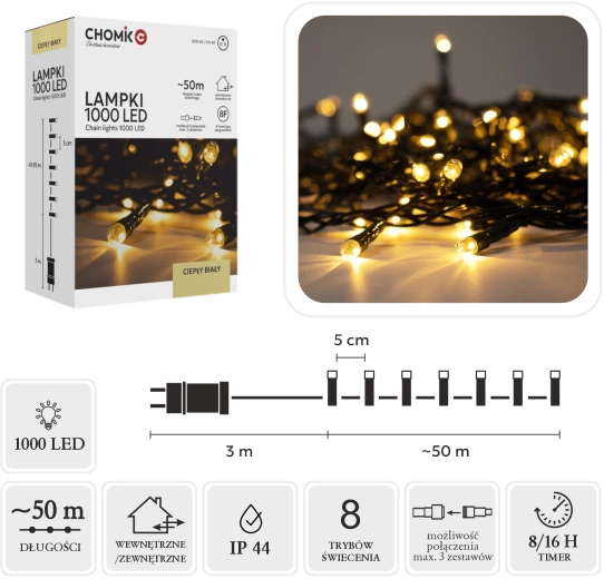 LED božična svetlobna veriga 1000 LED toplo bela 53 m (50 m + 3 m) notranja/zunanja - 1 kos
