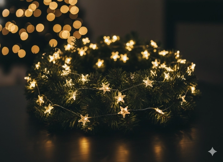 Svetlobni LED venček z zvezdicami, 20 lučk na baterije z zlatimi okraski