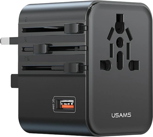USAMS potovalni adapter in polnilnik 25 W 4 v 1 (US/AU/EU/UK) črn
