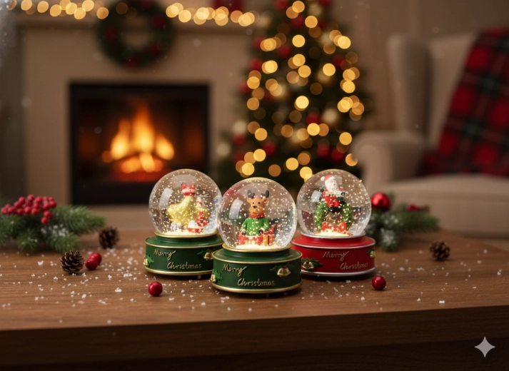 Božična snežna krogla s Božičkom, zvezdo in jelenom 7,8 × 7,8 × 8,5 cm