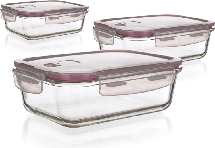 Komplet steklenih pravokotnih posod Lora s pokrovi, 3 kos (0,55 l, 0,95 l, 1,45 l)