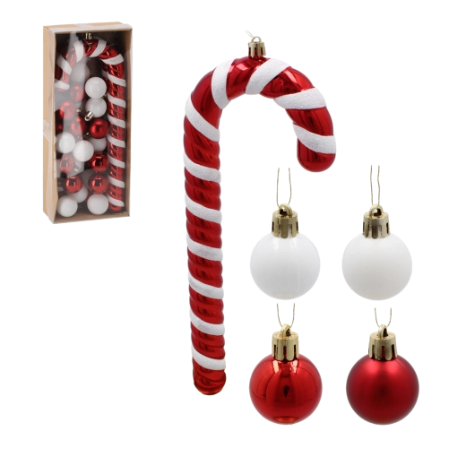 Komplet božičnih okraskov 32 kos – sladkorna palica 25 cm in bunkice 3 cm, netrdeč