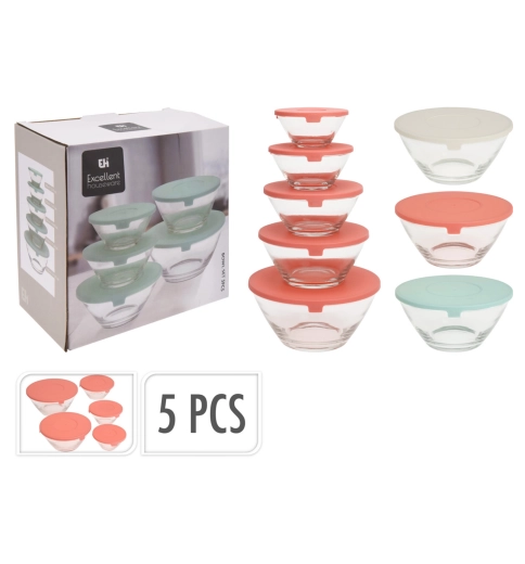 Set steklenih skled s pokrovi, 5 kosov